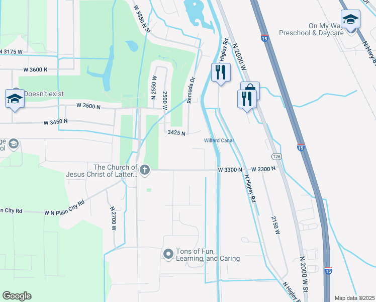 map of restaurants, bars, coffee shops, grocery stores, and more near 2411 West 3375 North in Farr West