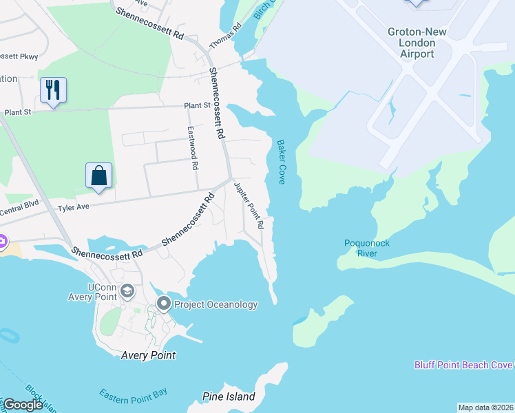 map of restaurants, bars, coffee shops, grocery stores, and more near 79 Jupiter Point Road in Groton