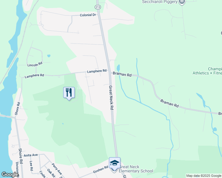 map of restaurants, bars, coffee shops, grocery stores, and more near Great Neck Road in Waterford