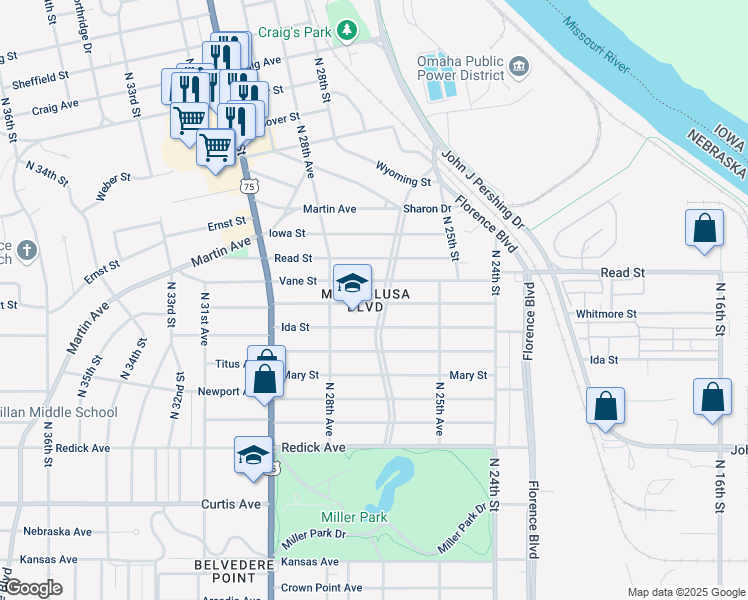 map of restaurants, bars, coffee shops, grocery stores, and more near 7002 Minne Lusa Boulevard in Omaha