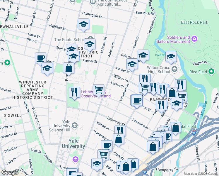map of restaurants, bars, coffee shops, grocery stores, and more near 164-180 Linden Street in New Haven