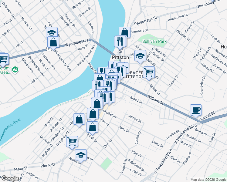 map of restaurants, bars, coffee shops, grocery stores, and more near 11 Charles Street in Pittston