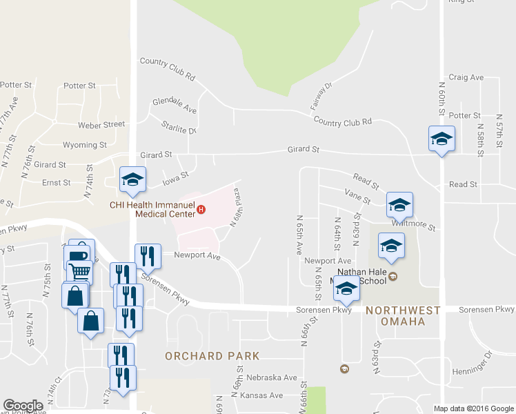 map of restaurants, bars, coffee shops, grocery stores, and more near 6833 North 68th Plaza in Omaha