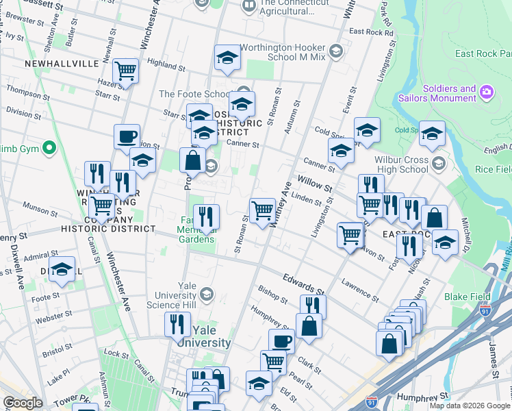 map of restaurants, bars, coffee shops, grocery stores, and more near 247 Saint Ronan Street in New Haven