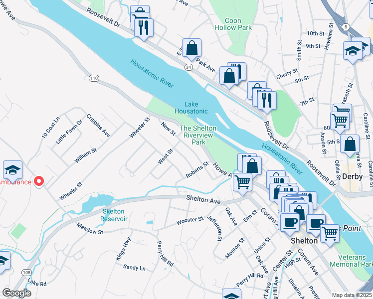 map of restaurants, bars, coffee shops, grocery stores, and more near 80 Lakeview Avenue in Shelton