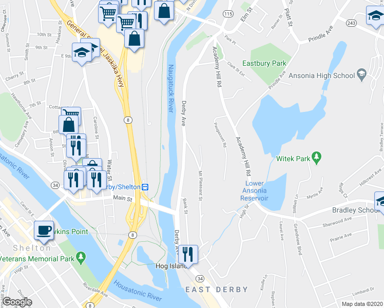 map of restaurants, bars, coffee shops, grocery stores, and more near 31 Mount Pleasant Street in Derby