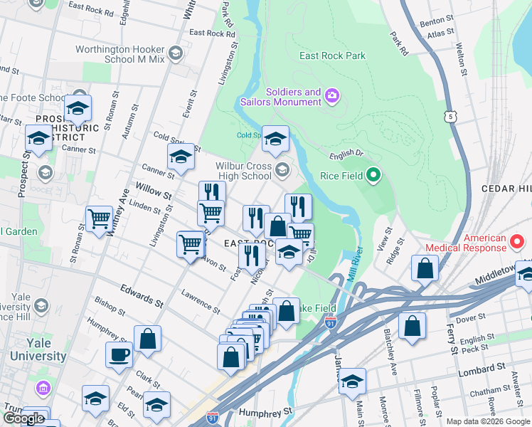 map of restaurants, bars, coffee shops, grocery stores, and more near 196 Foster Street in New Haven