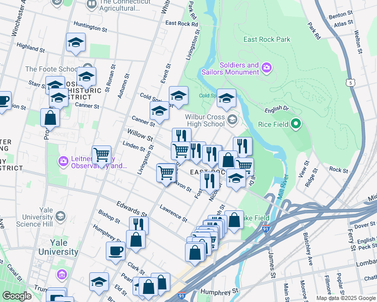 map of restaurants, bars, coffee shops, grocery stores, and more near 788 Orange Street in New Haven