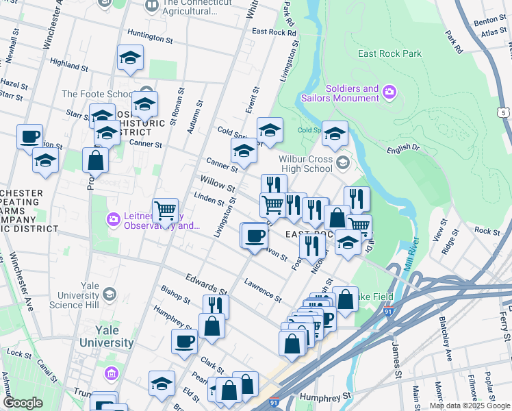 map of restaurants, bars, coffee shops, grocery stores, and more near 109 Linden Street in New Haven