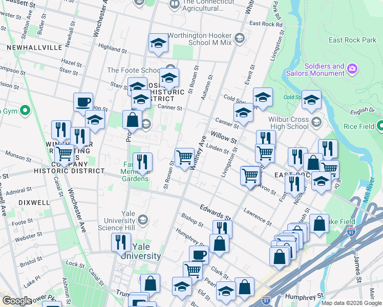 map of restaurants, bars, coffee shops, grocery stores, and more near 424 Whitney Avenue in New Haven