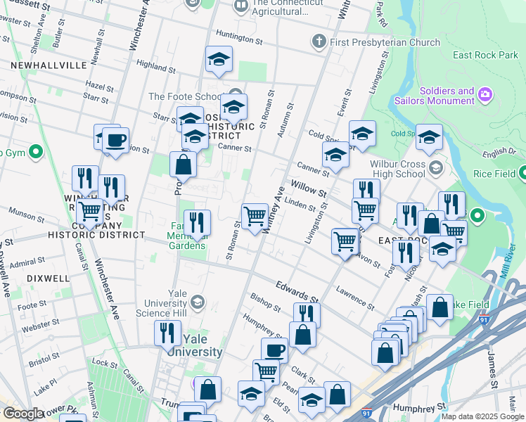 map of restaurants, bars, coffee shops, grocery stores, and more near 424 Whitney Avenue in New Haven
