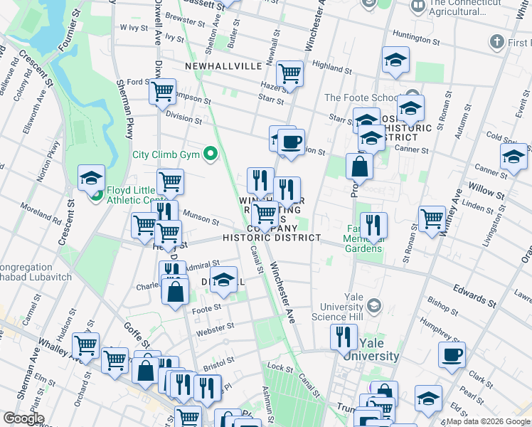 map of restaurants, bars, coffee shops, grocery stores, and more near in New Haven
