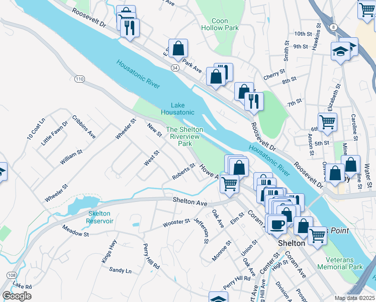map of restaurants, bars, coffee shops, grocery stores, and more near 45 New Street in Shelton