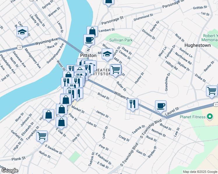 map of restaurants, bars, coffee shops, grocery stores, and more near 106 William Street in Pittston