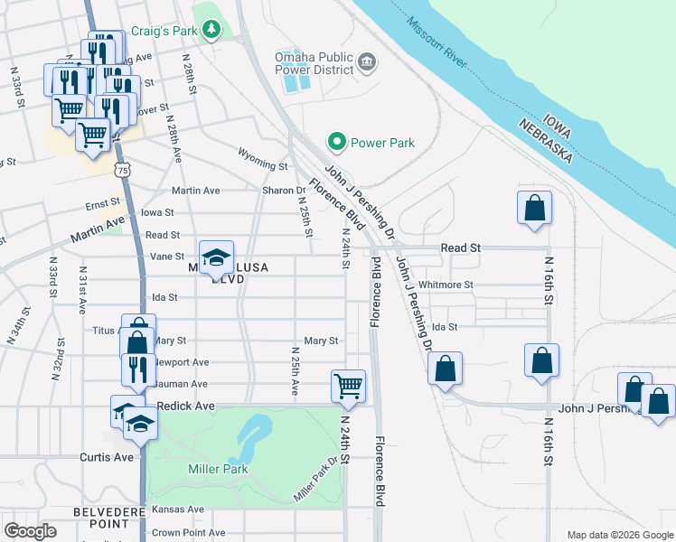 map of restaurants, bars, coffee shops, grocery stores, and more near 2411 Whitmore Street in Omaha