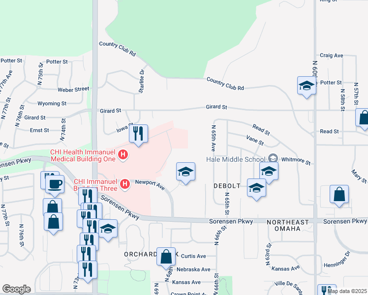 map of restaurants, bars, coffee shops, grocery stores, and more near 6833 North 68th Plaza in Omaha