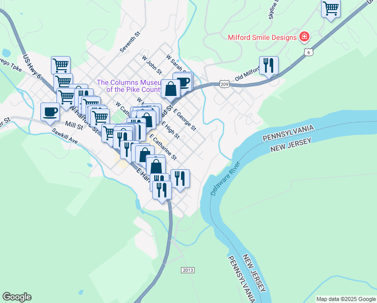 map of restaurants, bars, coffee shops, grocery stores, and more near 211 East High Street in Milford
