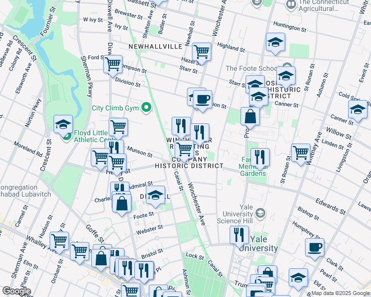 map of restaurants, bars, coffee shops, grocery stores, and more near 275 Winchester Avenue in New Haven