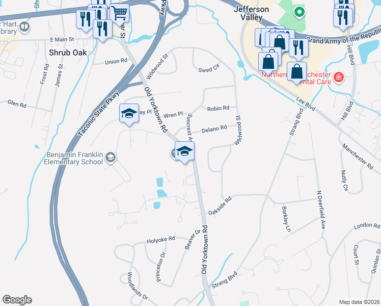 map of restaurants, bars, coffee shops, grocery stores, and more near 3449 Old Yorktown Road in Yorktown Heights