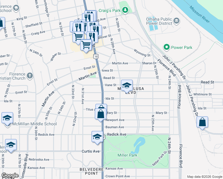 map of restaurants, bars, coffee shops, grocery stores, and more near 2872 Whitmore Street in Omaha