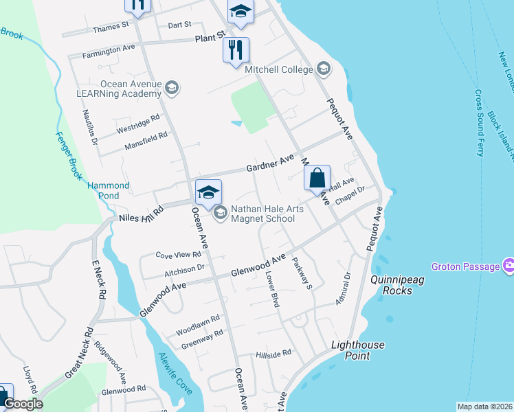 map of restaurants, bars, coffee shops, grocery stores, and more near 81 Lower Boulevard in New London