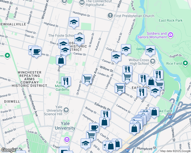 map of restaurants, bars, coffee shops, grocery stores, and more near 437 Whitney Avenue in New Haven