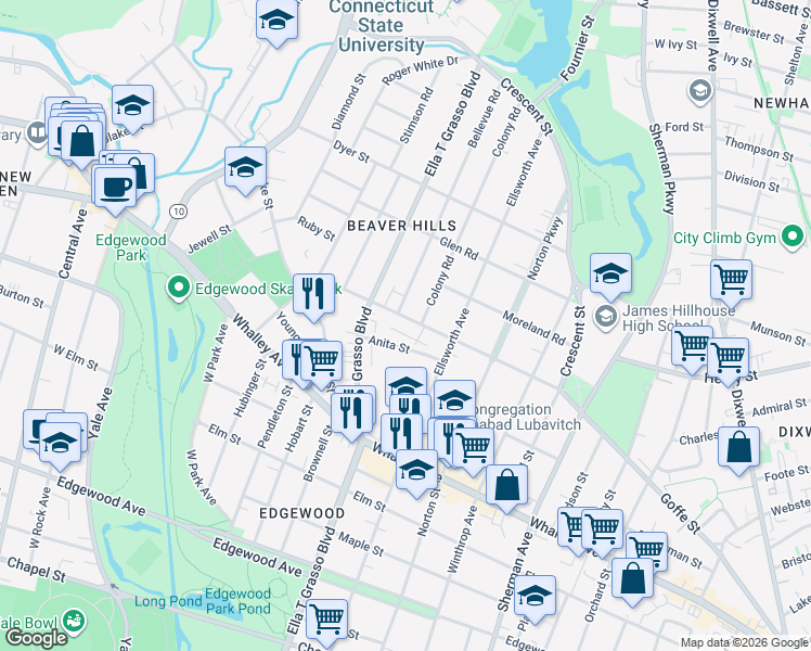 map of restaurants, bars, coffee shops, grocery stores, and more near 119 Anita Street in New Haven