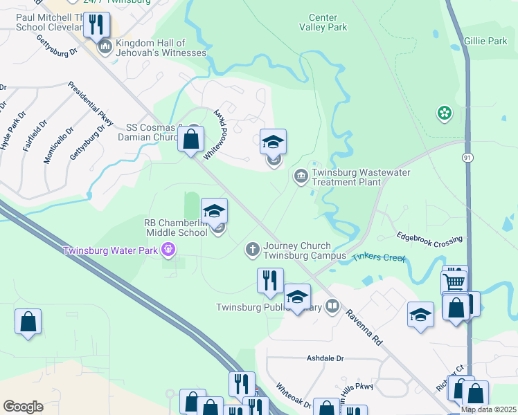 map of restaurants, bars, coffee shops, grocery stores, and more near 10285 Ravenna Road in Twinsburg