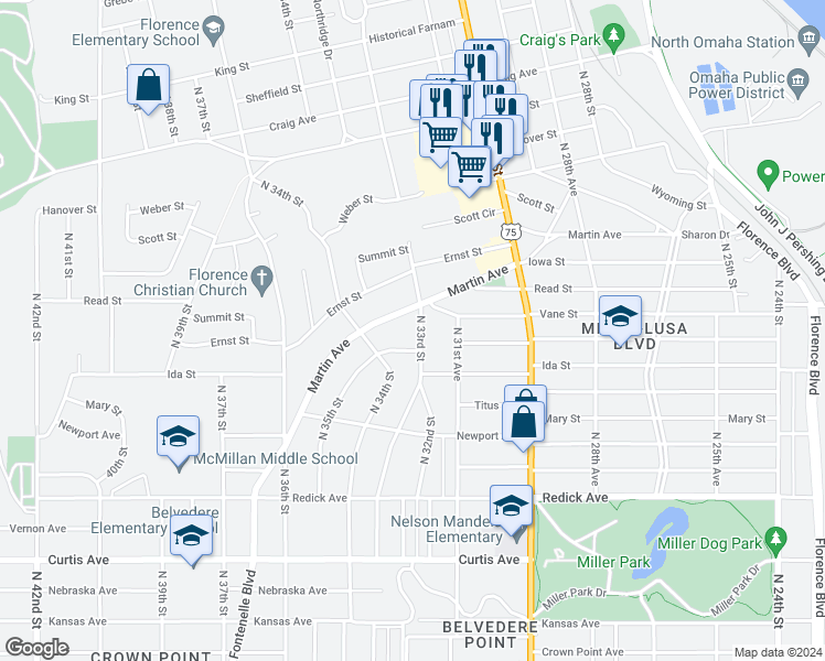 map of restaurants, bars, coffee shops, grocery stores, and more near 7020 North 33rd Street in Omaha