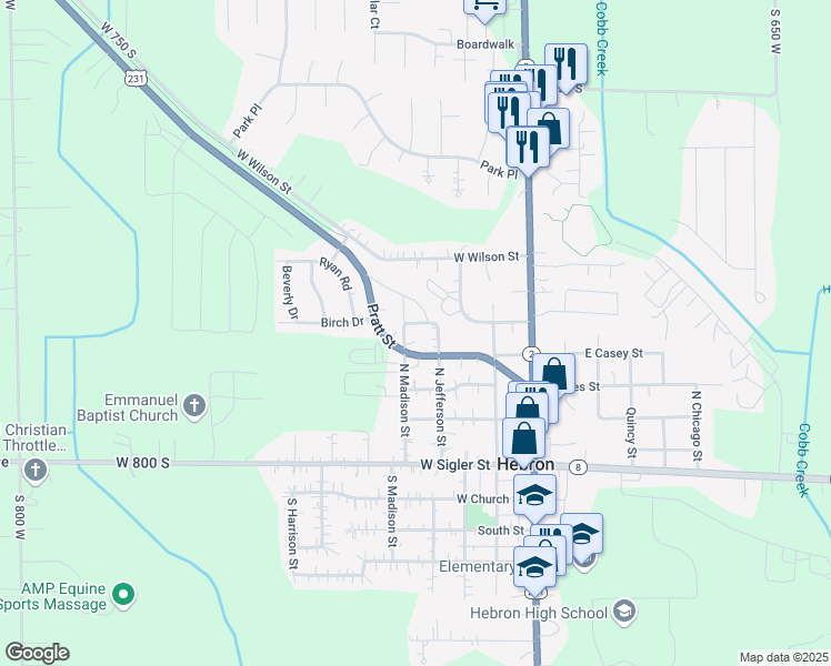 map of restaurants, bars, coffee shops, grocery stores, and more near 411 North Madison Street in Hebron
