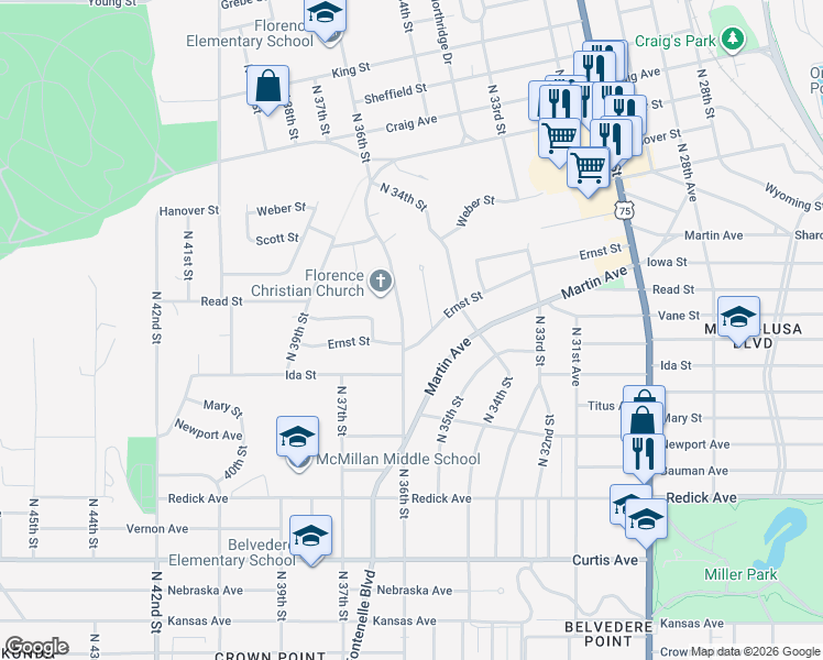 map of restaurants, bars, coffee shops, grocery stores, and more near 3437 Ernst Street in Omaha