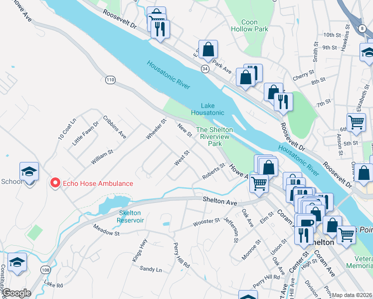 map of restaurants, bars, coffee shops, grocery stores, and more near 34 West Street in Shelton