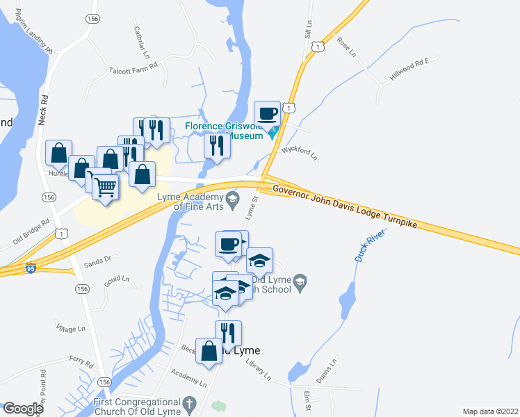 map of restaurants, bars, coffee shops, grocery stores, and more near 81 Lyme Street in Old Lyme