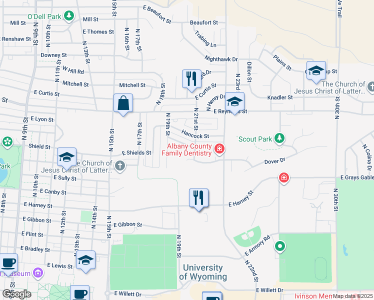 map of restaurants, bars, coffee shops, grocery stores, and more near 2110 East Binford Street in Laramie