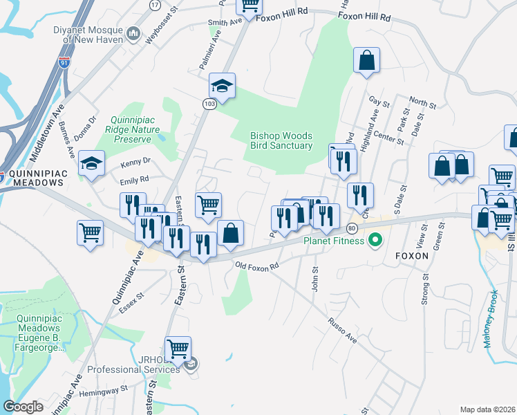 map of restaurants, bars, coffee shops, grocery stores, and more near 54 Dell Drive in East Haven