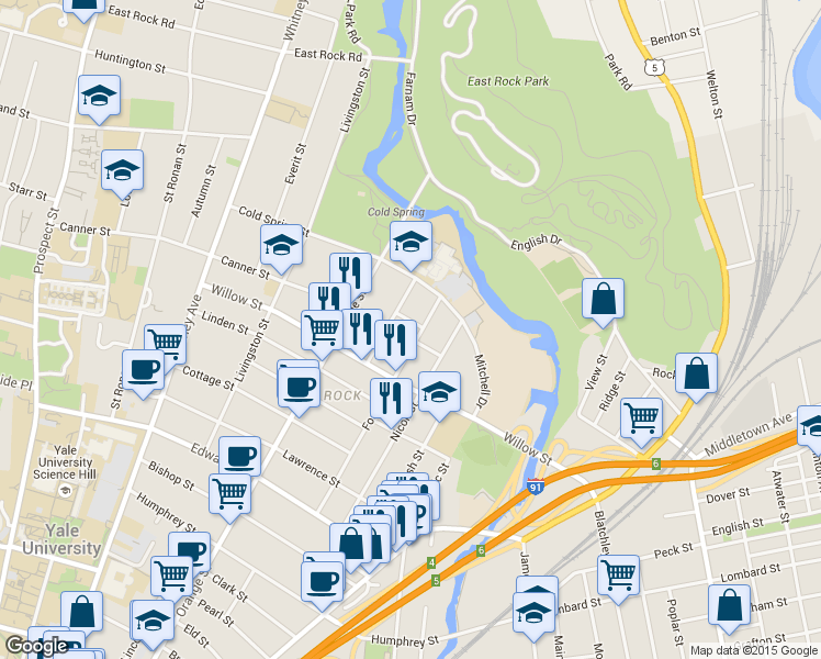 map of restaurants, bars, coffee shops, grocery stores, and more near 196 Foster Street in New Haven