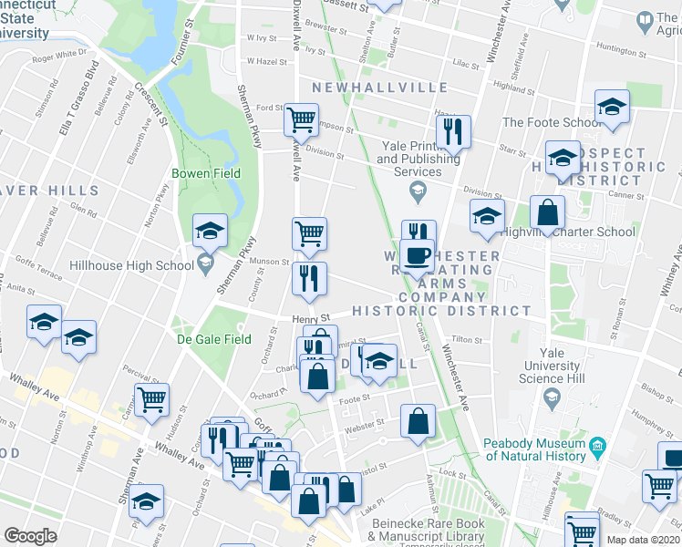 map of restaurants, bars, coffee shops, grocery stores, and more near 264 Munson Street in New Haven