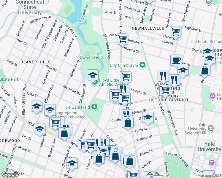 map of restaurants, bars, coffee shops, grocery stores, and more near 782 Orchard Street in New Haven