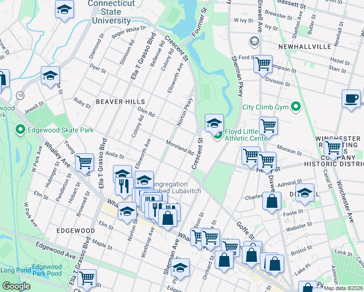map of restaurants, bars, coffee shops, grocery stores, and more near 628 Winthrop Avenue in New Haven