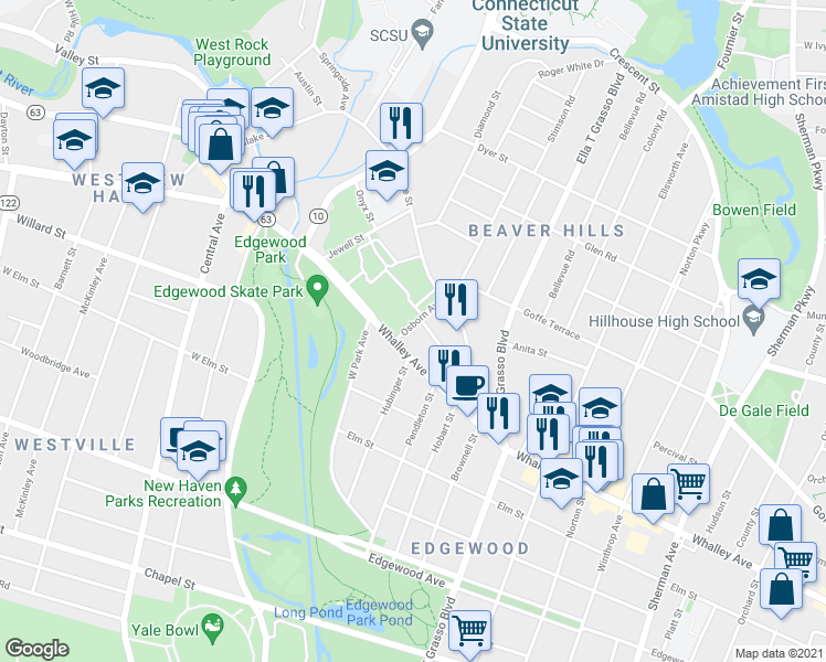 map of restaurants, bars, coffee shops, grocery stores, and more near in New Haven