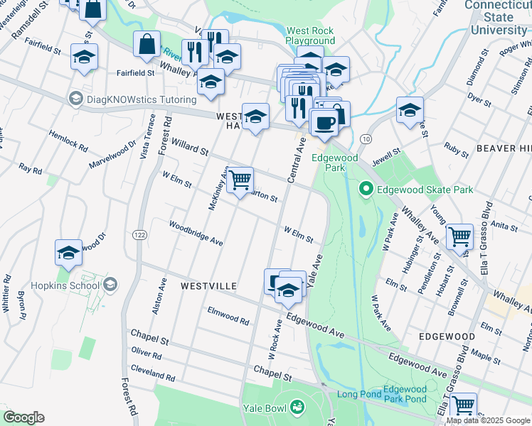 map of restaurants, bars, coffee shops, grocery stores, and more near 127 Marvel Road in New Haven