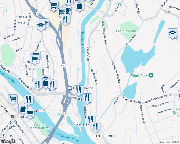 map of restaurants, bars, coffee shops, grocery stores, and more near 169 Derby Avenue in Derby