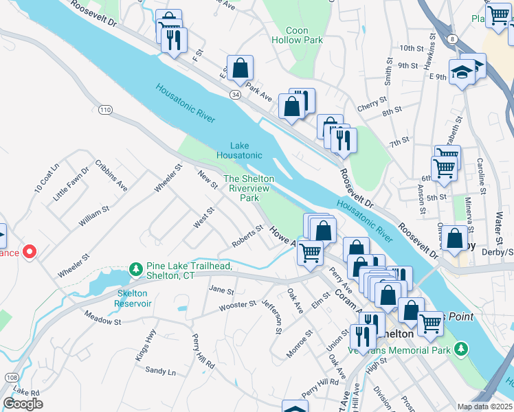 map of restaurants, bars, coffee shops, grocery stores, and more near 45 New Street in Shelton