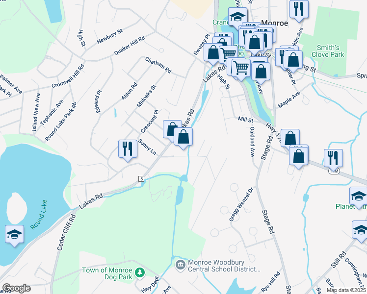 map of restaurants, bars, coffee shops, grocery stores, and more near 25 Center Hill Road in Monroe