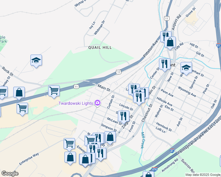 map of restaurants, bars, coffee shops, grocery stores, and more near 117 Stanton Street in Dupont