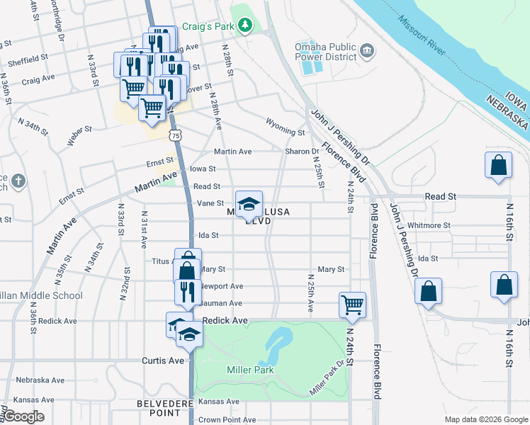 map of restaurants, bars, coffee shops, grocery stores, and more near 7002 Minne Lusa Boulevard in Omaha