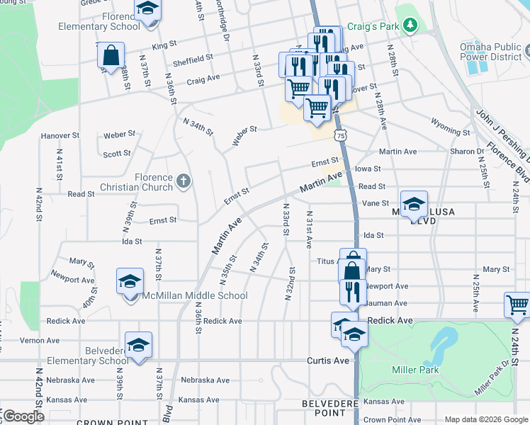 map of restaurants, bars, coffee shops, grocery stores, and more near 3334 Whitmore Street in Omaha
