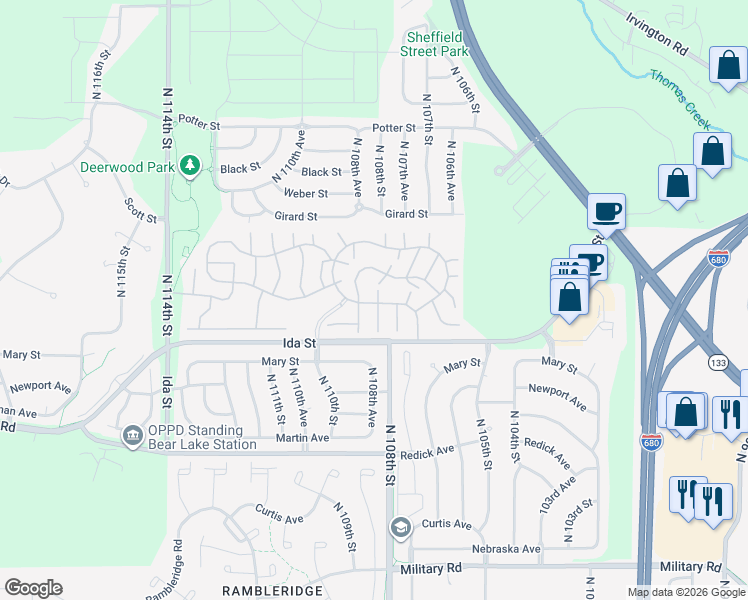 map of restaurants, bars, coffee shops, grocery stores, and more near 6943 North 109th Plaza in Omaha