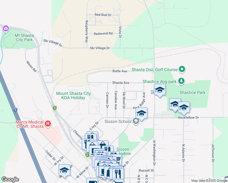 map of restaurants, bars, coffee shops, grocery stores, and more near 804 Caroline Avenue in Mount Shasta