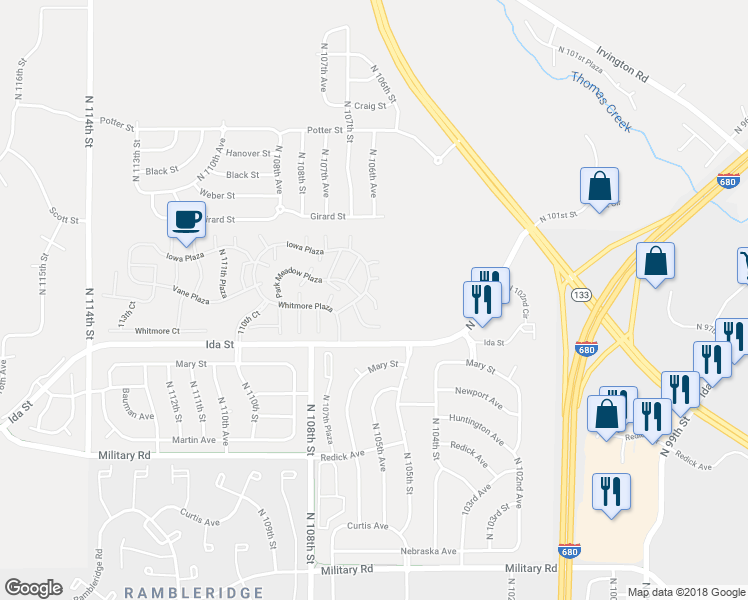 map of restaurants, bars, coffee shops, grocery stores, and more near 10599 Vane Court in Omaha